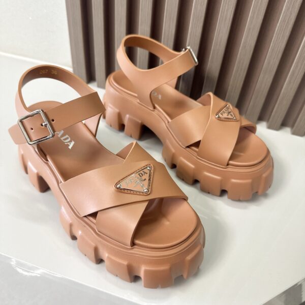 Prada Caramel Brown Triangle Logo Gear Platform Sandal