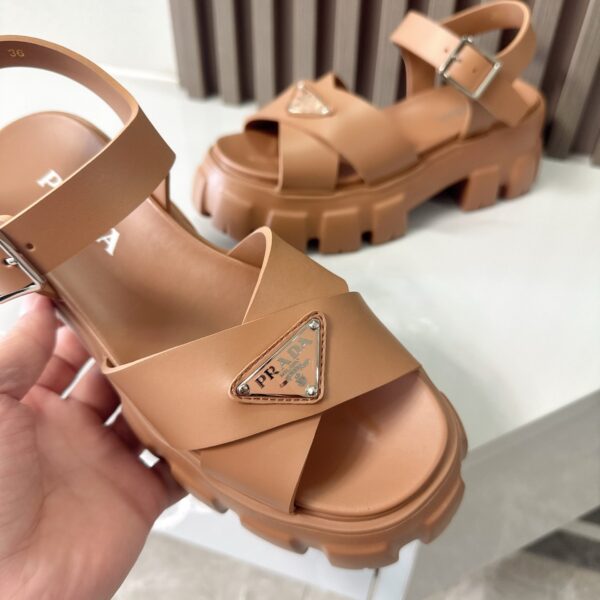 Prada Caramel Brown Triangle Logo Gear Platform Sandal