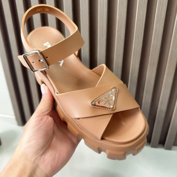 Prada Caramel Brown Triangle Logo Gear Platform Sandal