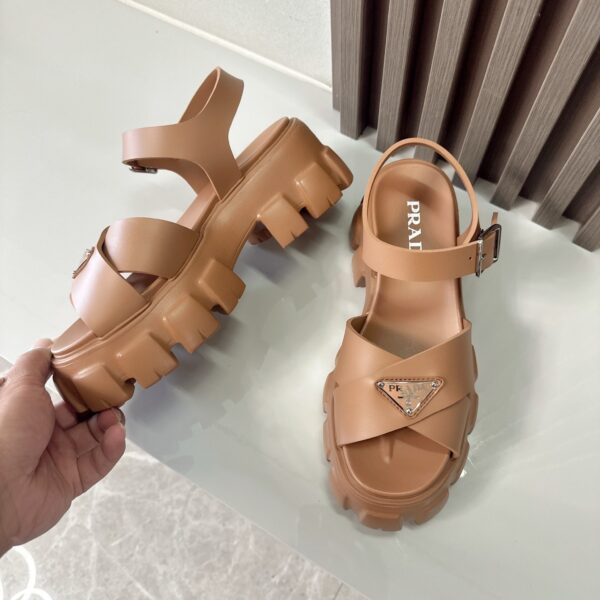 Prada Caramel Brown Triangle Logo Gear Platform Sandal