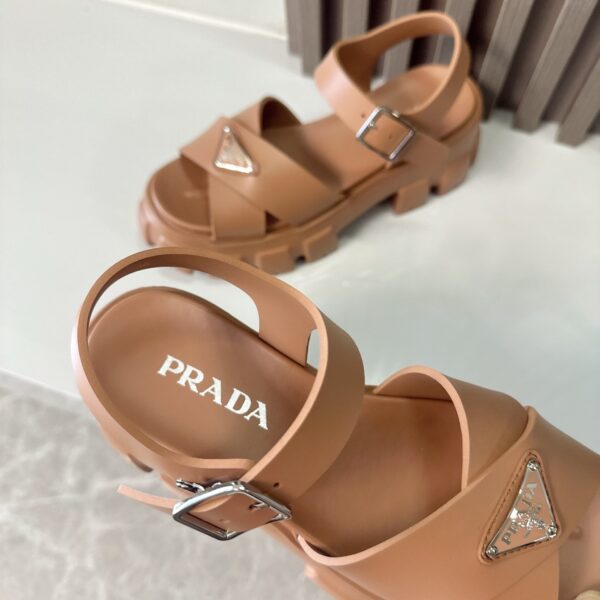 Prada Caramel Brown Triangle Logo Gear Platform Sandal