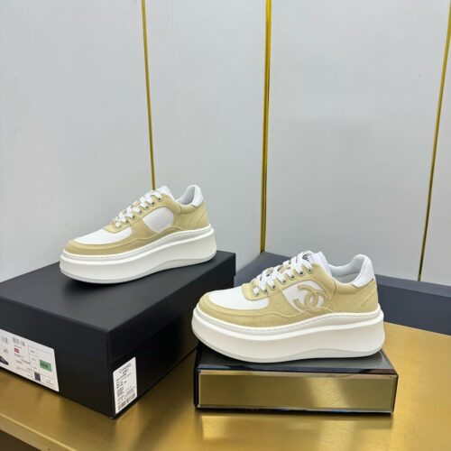 sy_no_7C49A2831C320D9AD271C36179556206_0 Chanel White and Khaki Canvas and Leather Platform Low-Top Sneaker with CC Logo