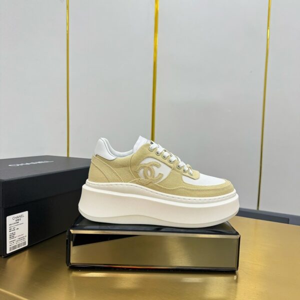 sy_no_7C49A2831C320D9AD271C36179556206_2 Chanel White and Khaki Canvas and Leather Platform Low-Top Sneaker with CC Logo