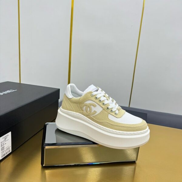 sy_no_7C49A2831C320D9AD271C36179556206_3 Chanel White and Khaki Canvas and Leather Platform Low-Top Sneaker with CC Logo