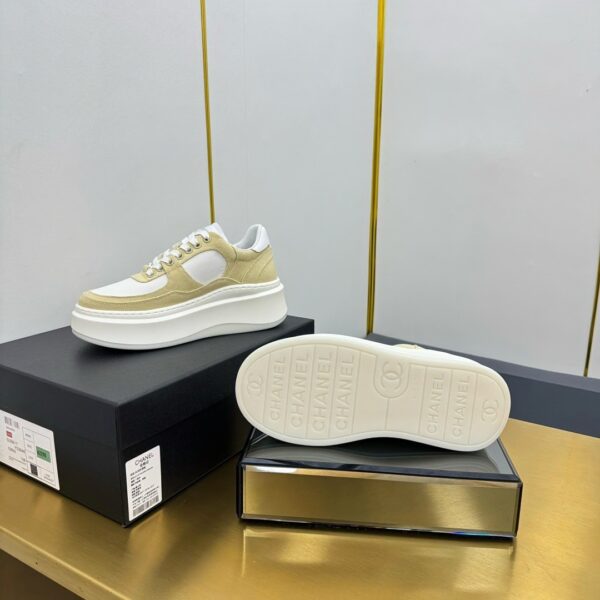 sy_no_7C49A2831C320D9AD271C36179556206_5 Chanel White and Khaki Canvas and Leather Platform Low-Top Sneaker with CC Logo