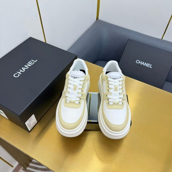 sy_no_7C49A2831C320D9AD271C36179556206_6 Chanel White and Khaki Canvas and Leather Platform Low-Top Sneaker with CC Logo