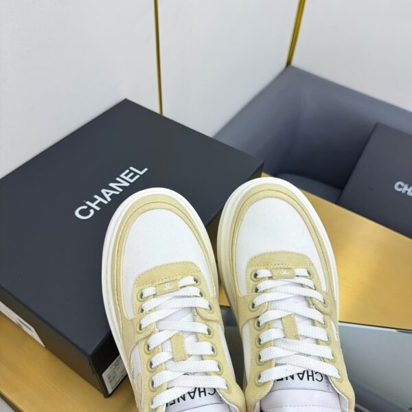 sy_no_7C49A2831C320D9AD271C36179556206_8 Chanel White and Khaki Canvas and Leather Platform Low-Top Sneaker with CC Logo