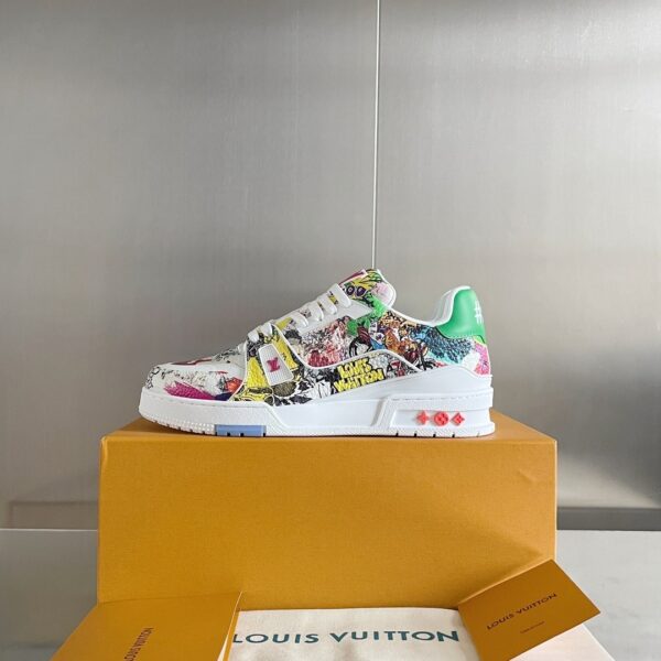 Louis Vuitton Trainer Sneaker in White with Multi-Color Graffiti Print