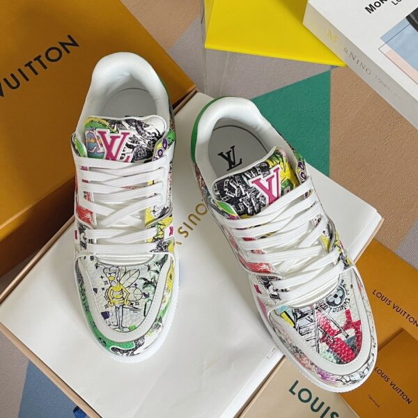 Louis Vuitton Trainer Sneaker in White with Multi-Color Graffiti Print
