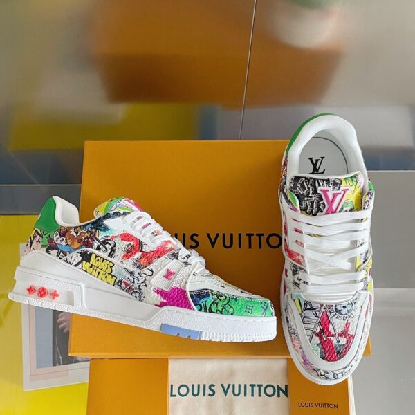 Louis Vuitton Trainer Sneaker in White with Multi-Color Graffiti Print