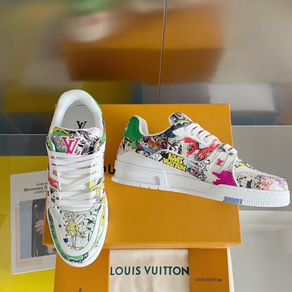Louis Vuitton Trainer Sneaker in White with Multi-Color Graffiti Print