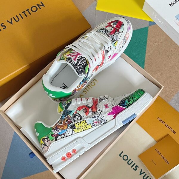 Louis Vuitton Trainer Sneaker in White with Multi-Color Graffiti Print