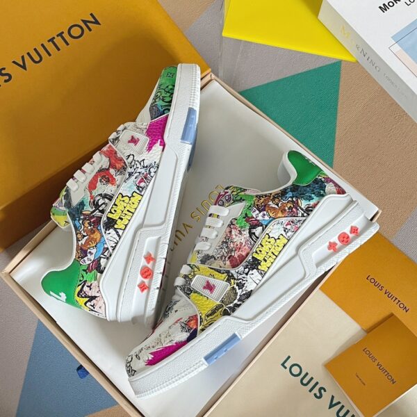 Louis Vuitton Trainer Sneaker in White with Multi-Color Graffiti Print