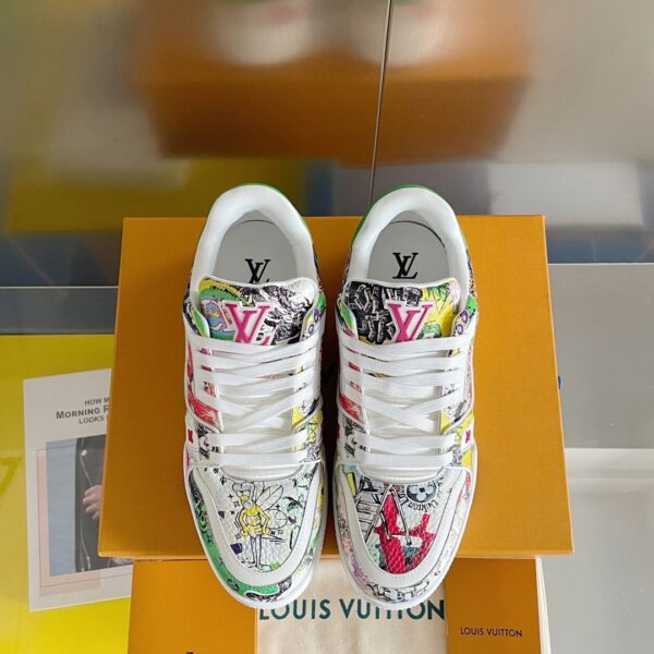 Louis Vuitton Trainer Sneaker in White with Multi-Color Graffiti Print
