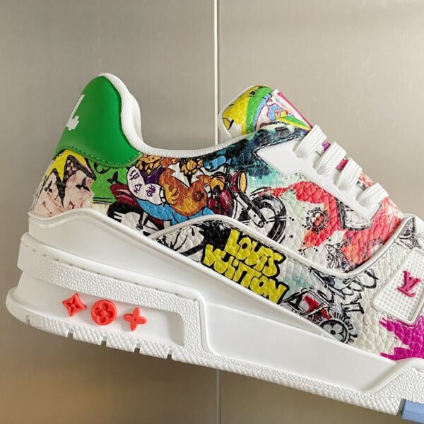 Louis Vuitton Trainer Sneaker in White with Multi-Color Graffiti Print
