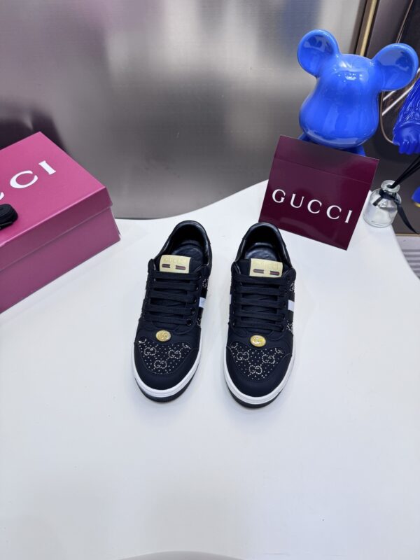 sy_no_7E2649D670336A5A5202289BC64FFA25_1 Gucci Black Crystal-Embellished GG Monogram Sneaker with White Stripe