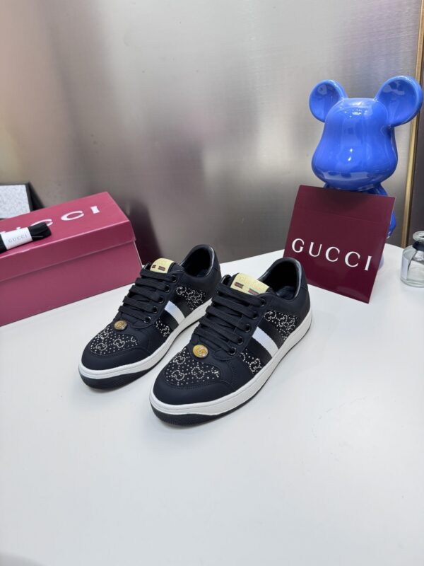 sy_no_7E2649D670336A5A5202289BC64FFA25_4 Gucci Black Crystal-Embellished GG Monogram Sneaker with White Stripe