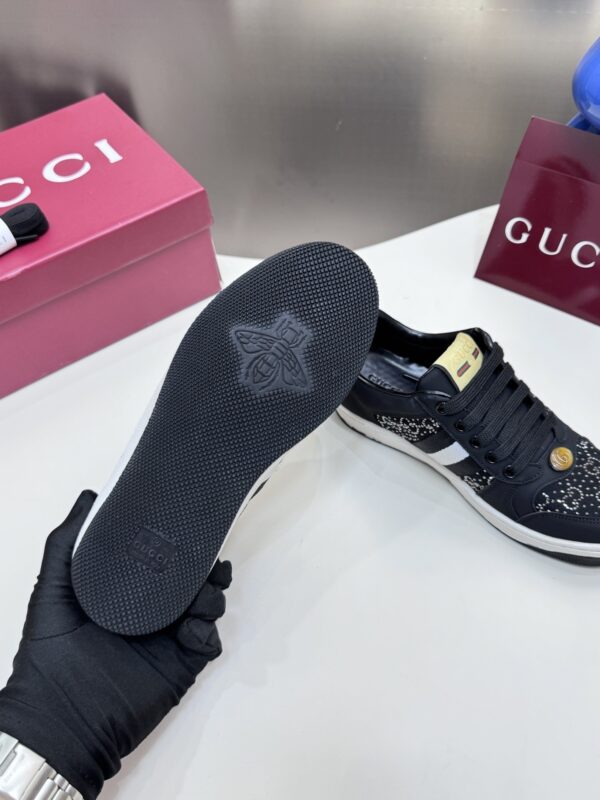 sy_no_7E2649D670336A5A5202289BC64FFA25_5 Gucci Black Crystal-Embellished GG Monogram Sneaker with White Stripe