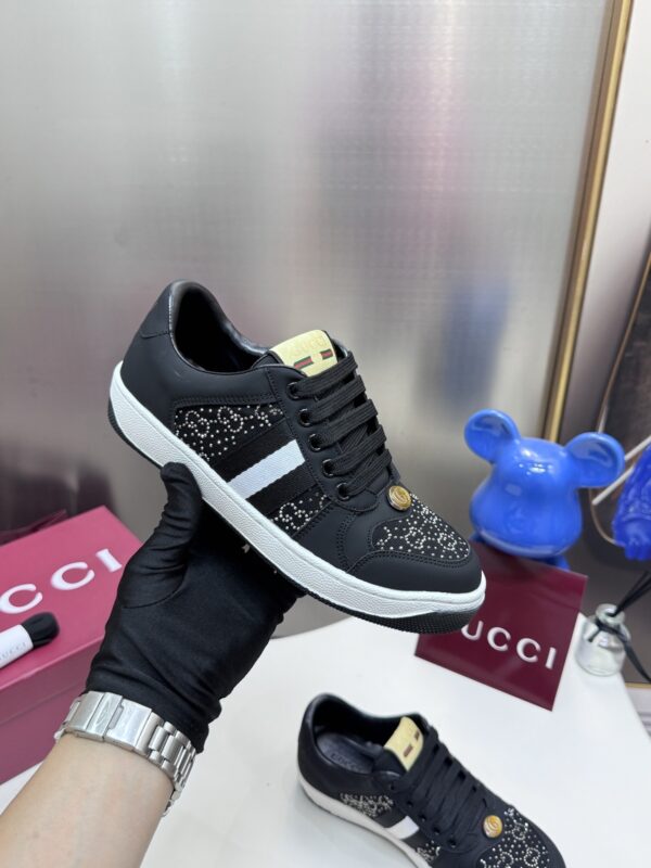 sy_no_7E2649D670336A5A5202289BC64FFA25_7 Gucci Black Crystal-Embellished GG Monogram Sneaker with White Stripe