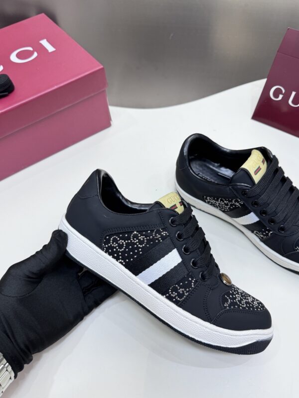 sy_no_7E2649D670336A5A5202289BC64FFA25_8 Gucci Black Crystal-Embellished GG Monogram Sneaker with White Stripe