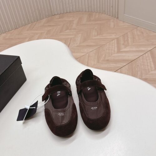 sy_no_81068B9E47D396C49046E81359BEDE2B_0 Prada Dark Brown Suede Nylon Mary Jane Ballet Flat