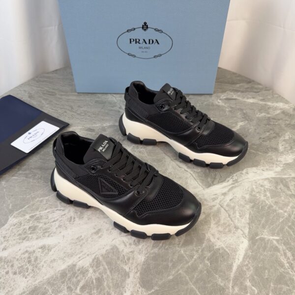 sy_no_83EF3348FB0326DE6C45106C10030BEE_0 Prada Black Leather Mesh Triangle Logo Chunky Dad Sneaker