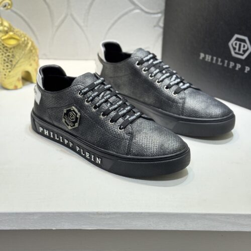 Philipp Plein Black Shimmer Grain-Leather Hexagon-Logo Low-Top Sneaker