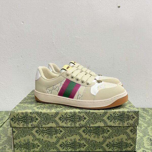 sy_no_86D69E34C693CD115B292D7877D34F7A_0 Gucci MAC8 GG Supreme Canvas Sneaker with Green/Magenta Web Stripe