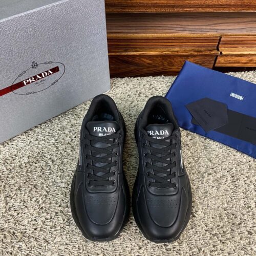 Prada Black Leather Triangle Logo Thick-Sole Low-Top Sneaker