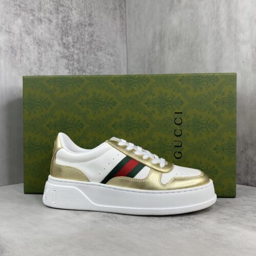sy_no_8E3CA326170BB6ABA09C09097E89A85E_0 Gucci Metallic Gold & White Chunky Platform Sneaker with Web Stripe