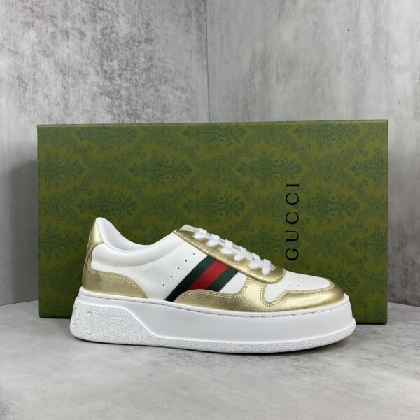 sy_no_8E3CA326170BB6ABA09C09097E89A85E_0 Gucci Metallic Gold & White Chunky Platform Sneaker with Web Stripe