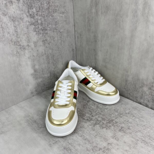 sy_no_8E3CA326170BB6ABA09C09097E89A85E_1 Gucci Metallic Gold & White Chunky Platform Sneaker with Web Stripe