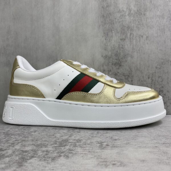 sy_no_8E3CA326170BB6ABA09C09097E89A85E_5 Gucci Metallic Gold & White Chunky Platform Sneaker with Web Stripe