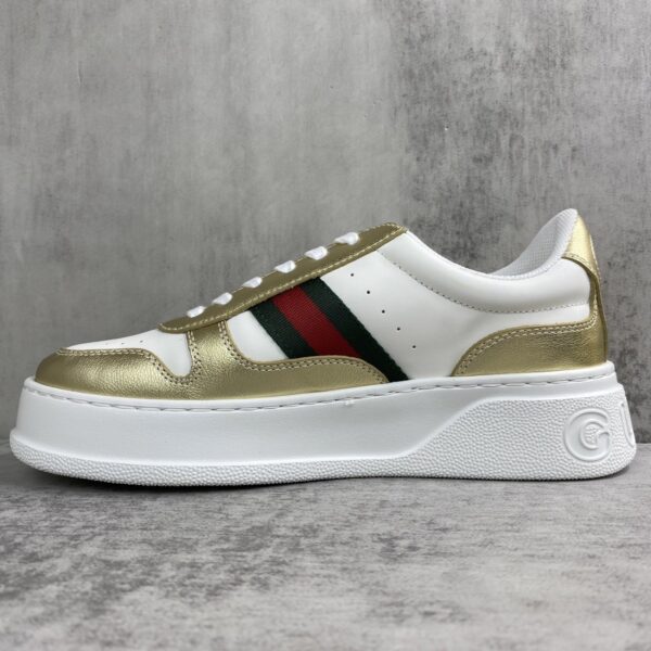 sy_no_8E3CA326170BB6ABA09C09097E89A85E_6 Gucci Metallic Gold & White Chunky Platform Sneaker with Web Stripe
