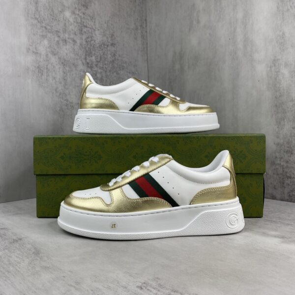 sy_no_8E3CA326170BB6ABA09C09097E89A85E_8 Gucci Metallic Gold & White Chunky Platform Sneaker with Web Stripe