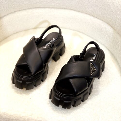 Prada Black Cross-Strap Triangle Tread Platform Sandal