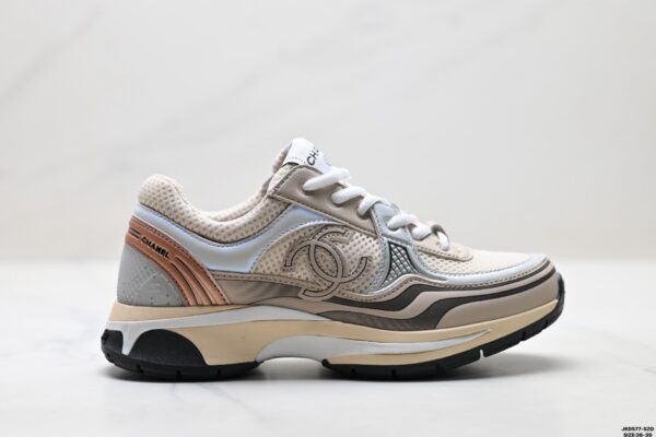 sy_no_8F6FD2FC3B0124FB9B5D164701EF853B_0 Chanel Beige, Rose Gold & Silver Chunky Sneaker with Interlocking CC Logo