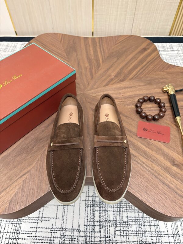 sy_no_906C0655D448AAA564B8A03891969145_0 Loro Piana Dark Brown Suede Strap Loafers