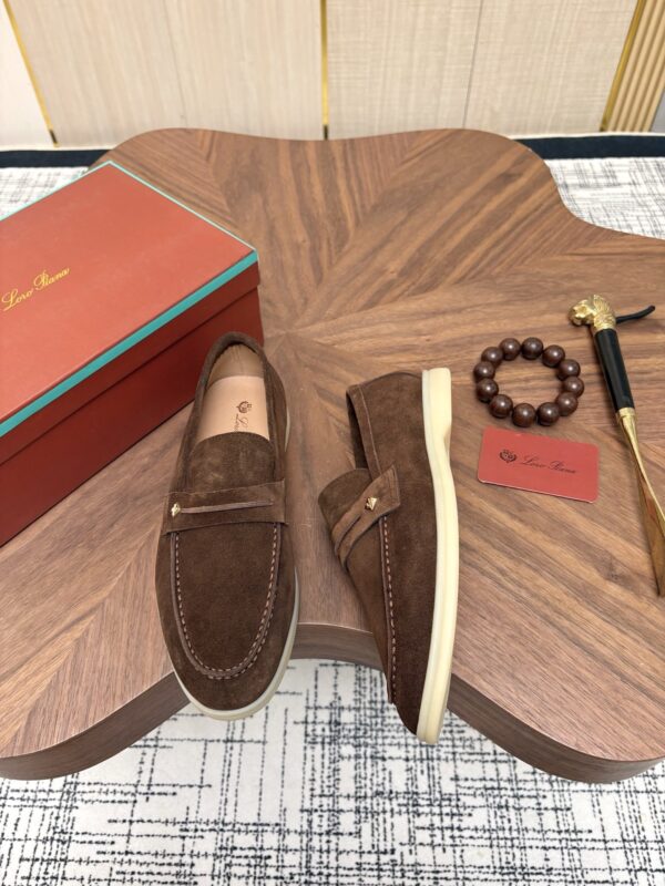 sy_no_906C0655D448AAA564B8A03891969145_1 Loro Piana Dark Brown Suede Strap Loafers