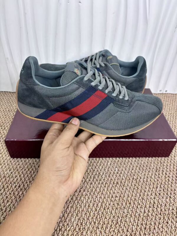 sy_no_977AB153298242E321662199791FAFB7_0 Gucci Re-Web Sneaker in Grey Mesh & Suede with Blue/Red Web Stripe