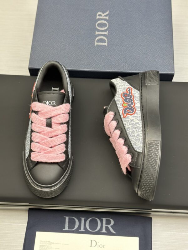 sy_no_9C73A127B41F0DD5EB483EF57322A211_7 Dior Black Leather Oblique Jacquard Pink Thick Lace Low-Top Sneaker