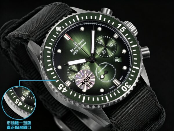 BLANCPEIN Fifty Fathoms Series FIFTY FATHOS Automatic Mechanical Movement Date Display Timing Men's Watch Swiss Watch 43.6mm Green Dial