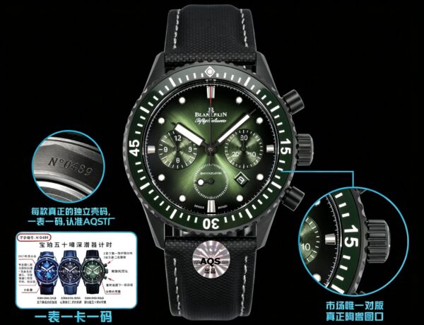BLANCPEIN Fifty Fathoms Series FIFTY FATHOS Automatic Mechanical Movement Date Display Timing Men's Watch Swiss Watch 43.6mm Green Dial