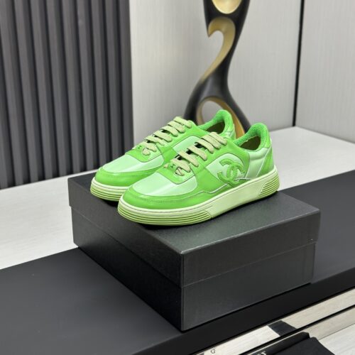 Chanel Vibrant Green Leather Low-Top Sneaker with Tonal CC Logo and Matching Sole