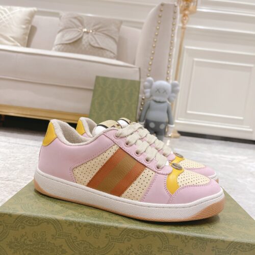 sy_no_9CFBFCCAAE979CAC222E5DD26CD60184_0 Gucci MAC8 Leather Sneaker in Pink & Yellow with Web Stripe