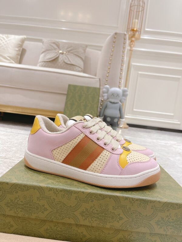 sy_no_9CFBFCCAAE979CAC222E5DD26CD60184_0 Gucci MAC8 Leather Sneaker in Pink & Yellow with Web Stripe