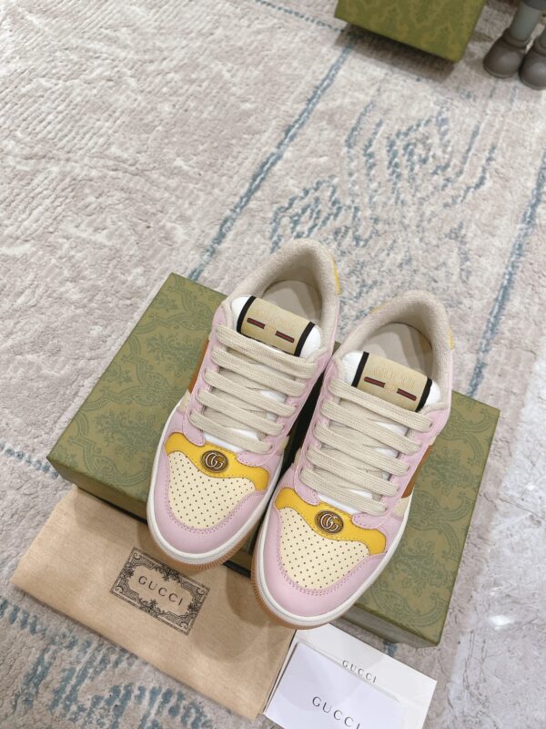 sy_no_9CFBFCCAAE979CAC222E5DD26CD60184_1 Gucci MAC8 Leather Sneaker in Pink & Yellow with Web Stripe