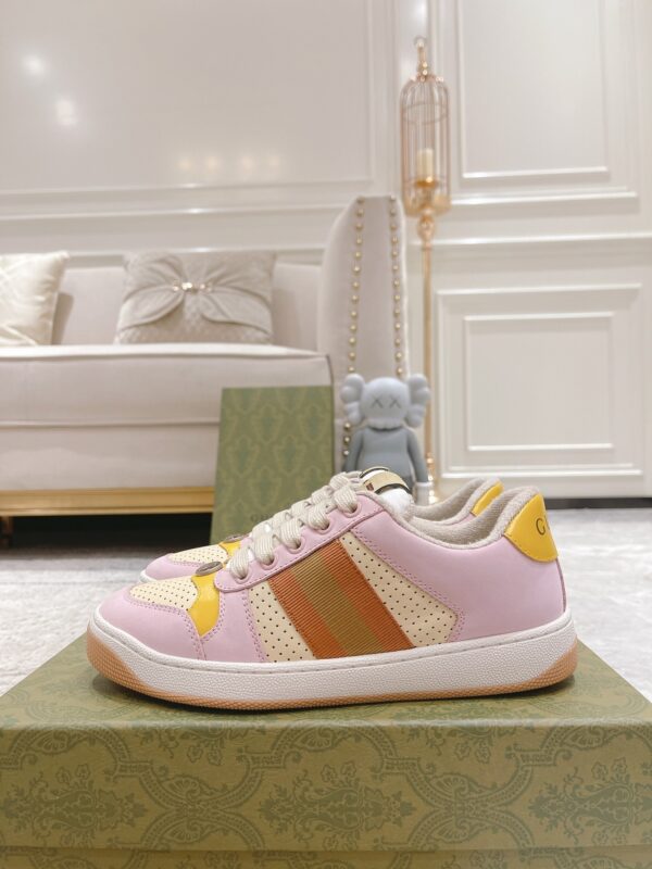 sy_no_9CFBFCCAAE979CAC222E5DD26CD60184_2 Gucci MAC8 Leather Sneaker in Pink & Yellow with Web Stripe