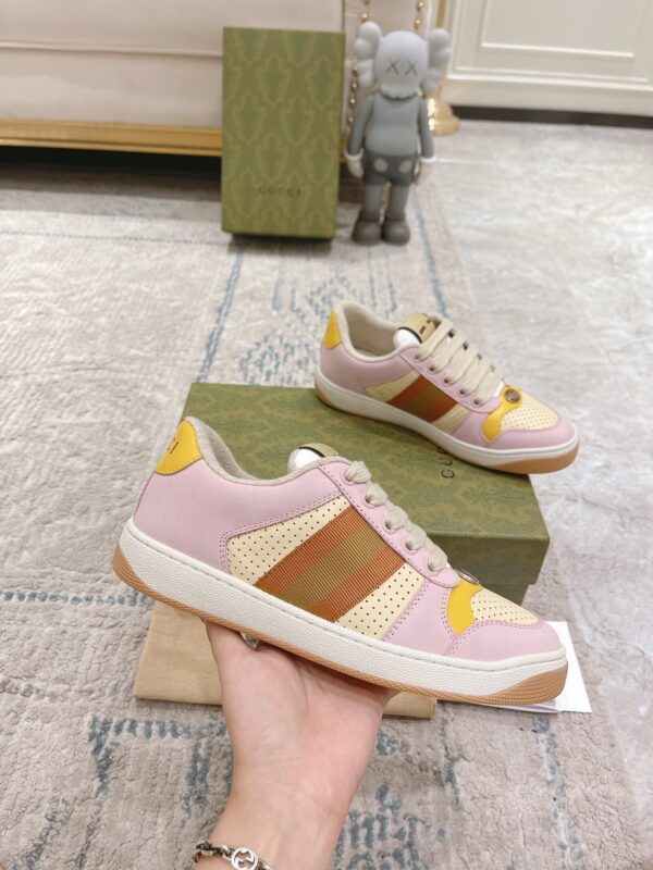 sy_no_9CFBFCCAAE979CAC222E5DD26CD60184_4 Gucci MAC8 Leather Sneaker in Pink & Yellow with Web Stripe