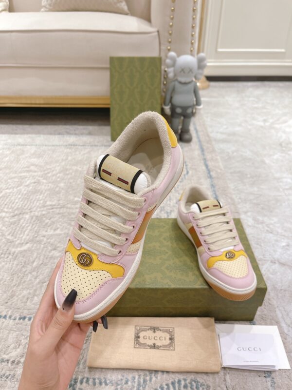 sy_no_9CFBFCCAAE979CAC222E5DD26CD60184_5 Gucci MAC8 Leather Sneaker in Pink & Yellow with Web Stripe